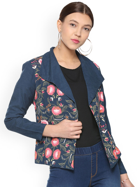 

People Women Blue Printed Open Front Jacket