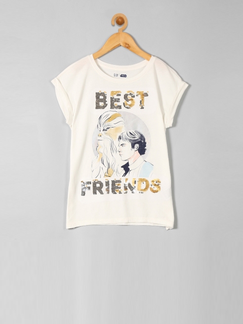 

GAP Girls Off-White Printed Round Neck Cap Sleeves T-shirt