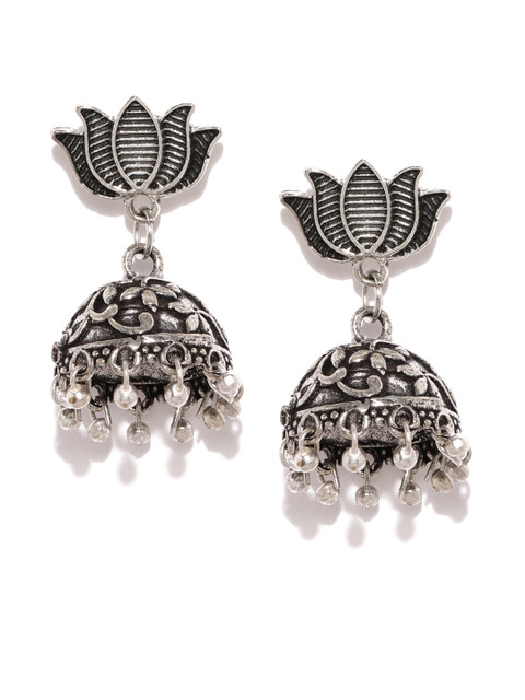 

justpeachy Oxidised Silver-Toned Lotus-Shaped Jhumkas