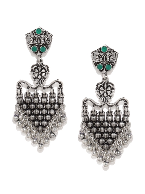 

justpeachy Silver-Toned & Green Contemporary Drop Earrings