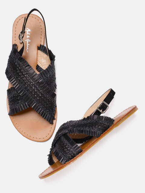 

Mast & Harbour Women Black Woven Design Open Toe Flats