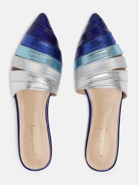 

DressBerry Women Blue & Silver-Toned Colourblocked Mules
