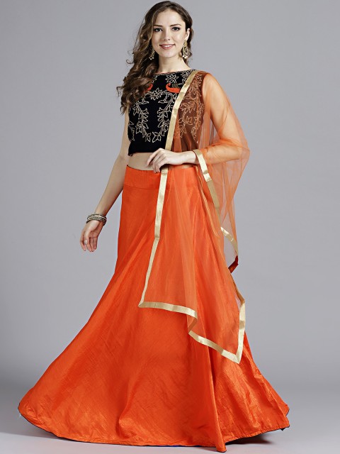 

Chhabra 555 Orange & Navy Blue Solid Stitched Made to Measure Lehenga Choli