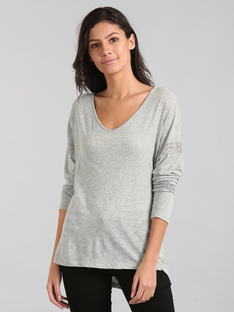 

GAP Women Grey Long Sleeve Lace-Trim Pure Cotton Top