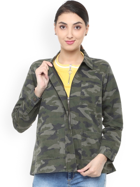 

People Women Olive Green Camouflage Printed Tailored Jacket