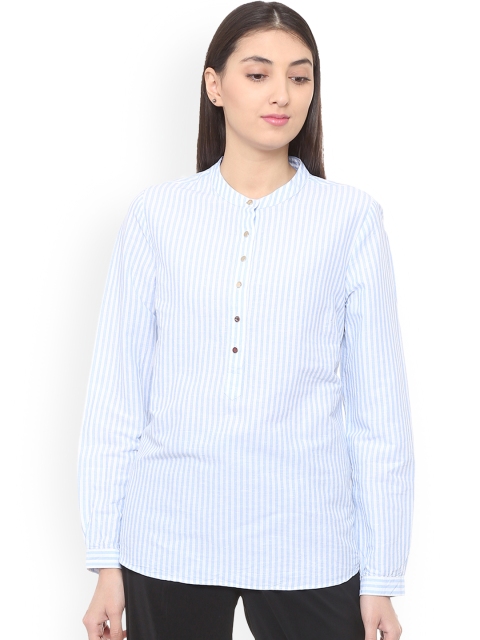 

Van Heusen Woman Blue & White Striped Shirt Style Top