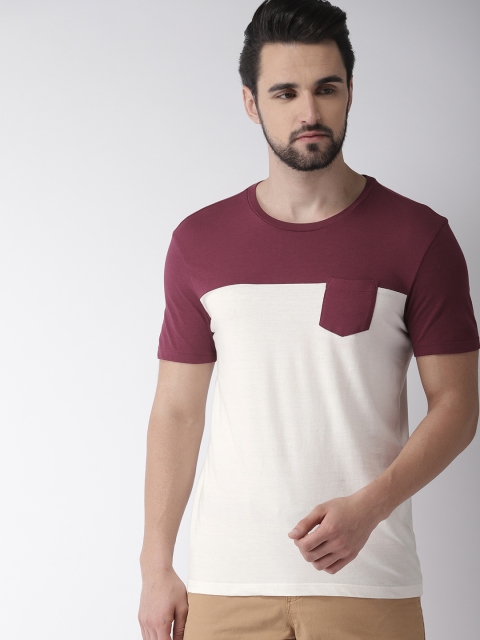 

Celio Men Off-White & Maroon Colourblocked Round Neck T-shirt