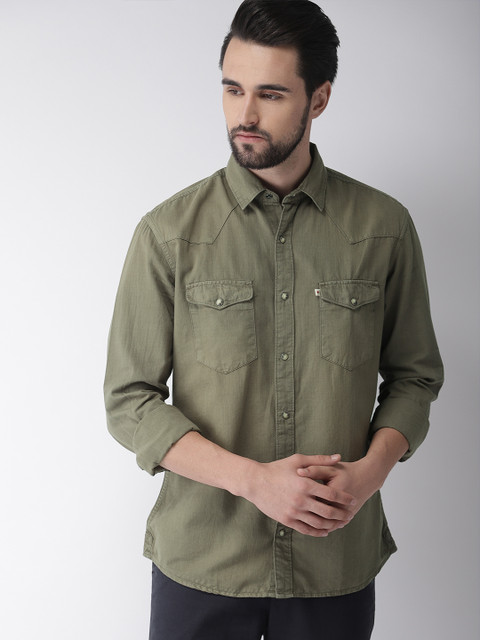 

Celio Men Olive Green Regular Fit Solid Casual Shirt