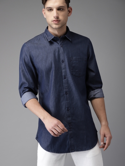 

Moda Rapido Men Navy Blue Regular Fit Solid Chambray Casual Shirt