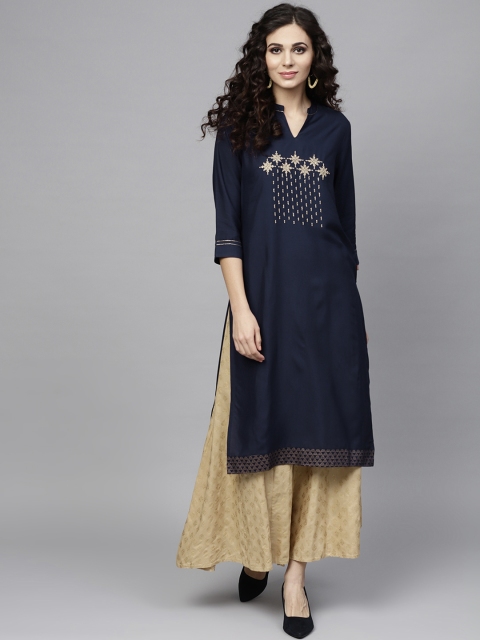 

Juniper Women Navy Blue & Gold-Toned Embroidered Straight Kurta