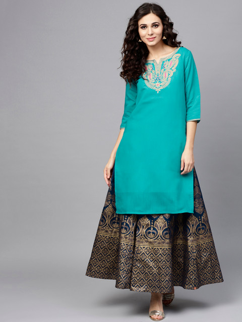 

Juniper Women Turquoise Blue & Gold-Toned Embroidered Straight Kurta