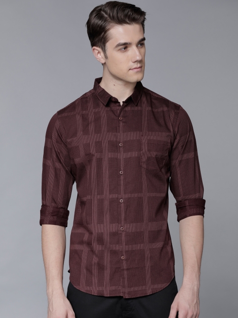 

LOCOMOTIVE Men Coffee Brown Slim Fit Checked Casual Shirt