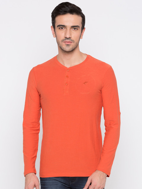

Globus Men Orange Solid Henley Neck T-shirt
