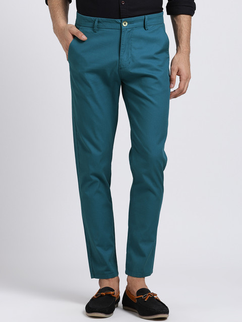 

REALM Men Teal Blue Slim Fit Solid Regular Trousers