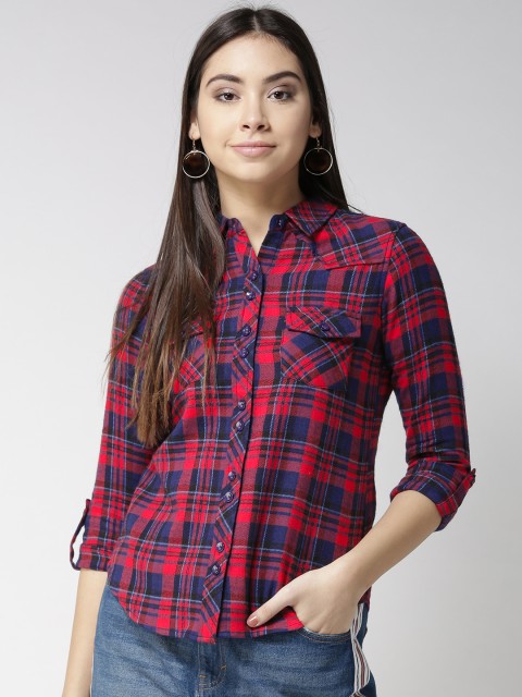 

Style Quotient Women Red & Navy Blue Slim Fit Checked Casual Shirt