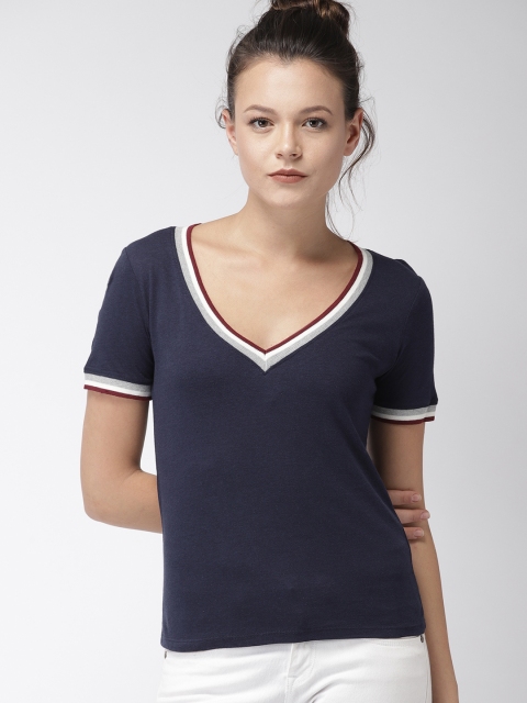 

FOREVER 21 Women Navy Blue Solid V-Neck T-shirt