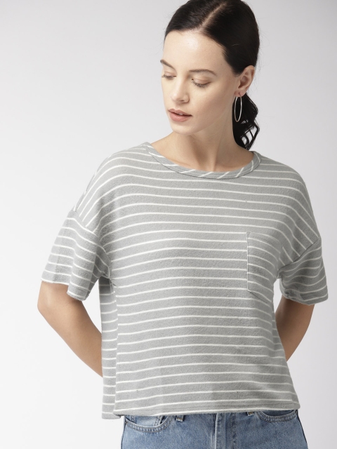 

FOREVER 21 Women Grey & White Striped Boxy Top