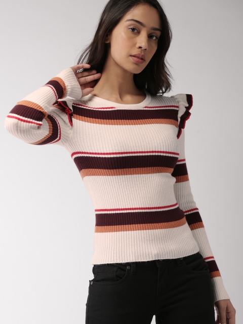 

FOREVER 21 Women Off-White & Brown Striped Pullover Sweater