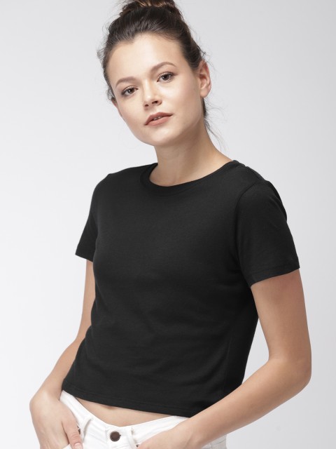 

FOREVER 21 Women Black Solid Round Neck T-shirt