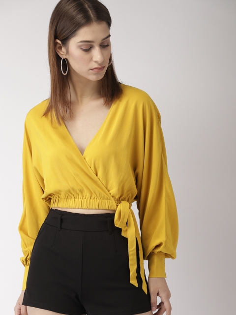 

FOREVER 21 Women Mustard Yellow Solid Crop Wrap Top