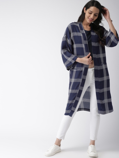 

FOREVER 21 Navy Blue & White Checked Open Front Longline Shrug