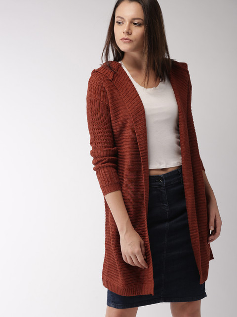 

FOREVER 21 Women Rust Brown Solid Front-Open Sweater