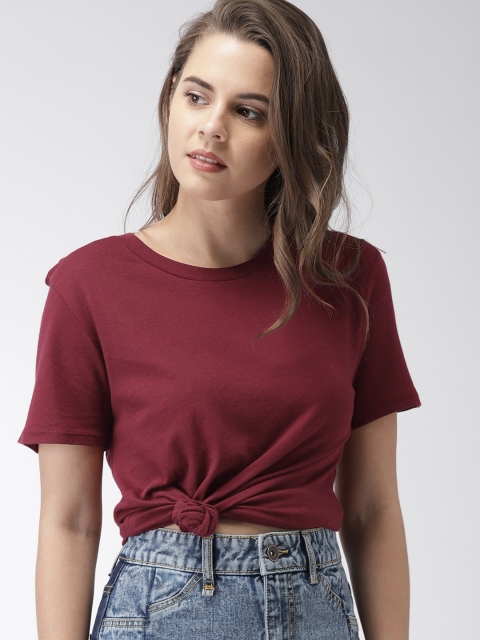

FOREVER 21 Women Burgundy Solid Round Neck T-shirt
