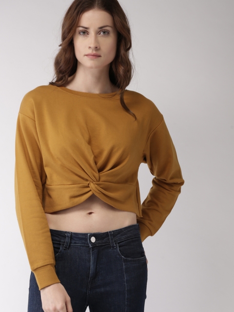 

FOREVER 21 Women Mustard Yellow Solid Cropped Sweatshirt