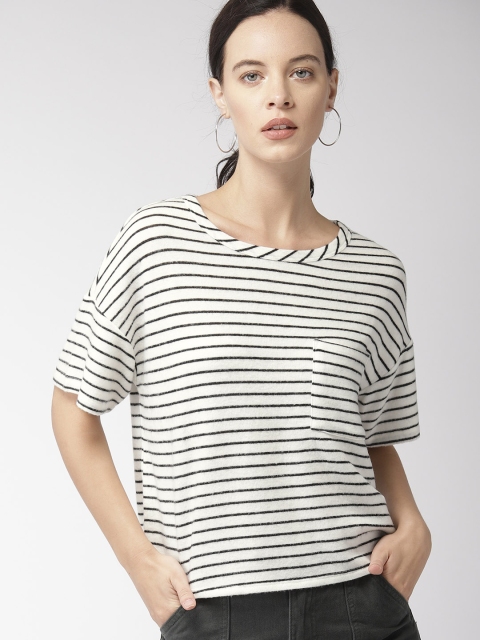 

FOREVER 21 Women White & Black Striped Top