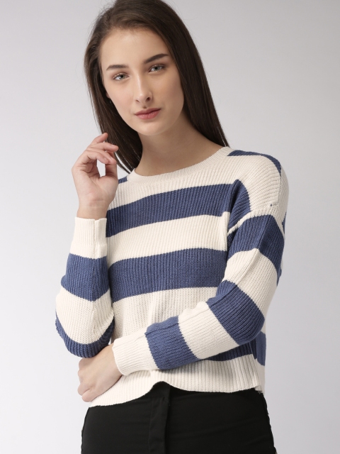 

FOREVER 21 Women White & Blue Striped Pullover Sweater