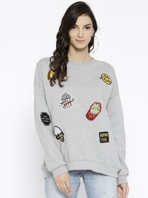 

FOREVER 21 Women Grey Melange Self Design Applique Sweatshirt