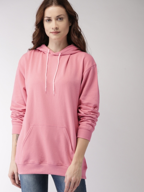 

FOREVER 21 Women Pink Solid Hooded Sweatshirt