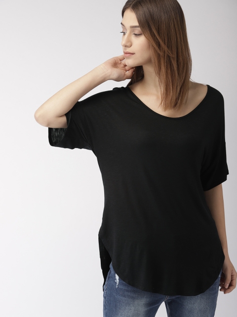 

FOREVER 21 Women Black Solid Longline Tshirt