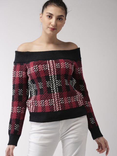 

FOREVER 21 Women Red & Black Self-Design Pullover Off-Shoulder Sweater
