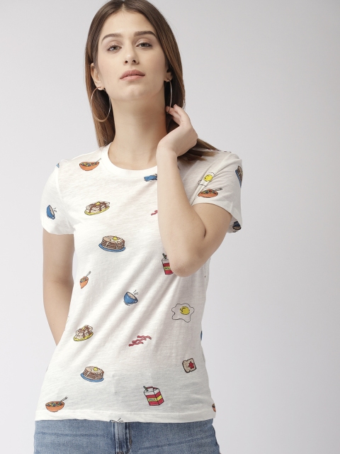 

FOREVER 21 Women White Printed Round Neck T-shirt
