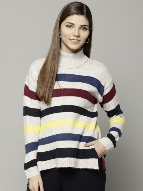 

Marks & Spencer Women Grey Melange & Navy Blue Striped Pullover