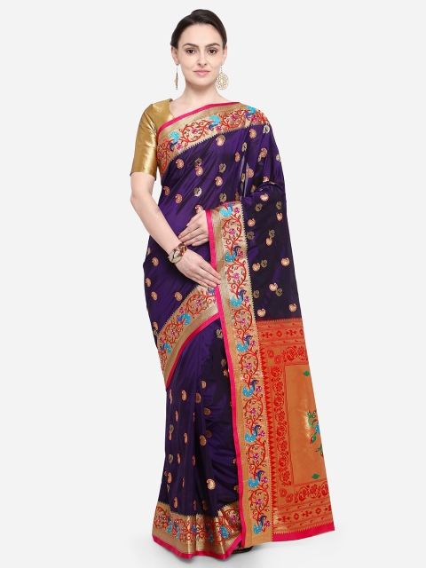 

Ishin Purple Poly Silk Golden Zari Paithani Border Woven Saree