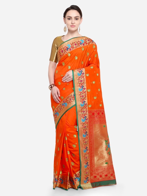 

Ishin Orange Woven Design Poly Silk Saree