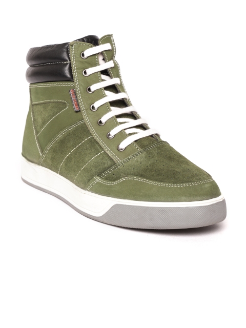 

Red Chief Men Olive Green Solid Leather Mid-Top Sneakers