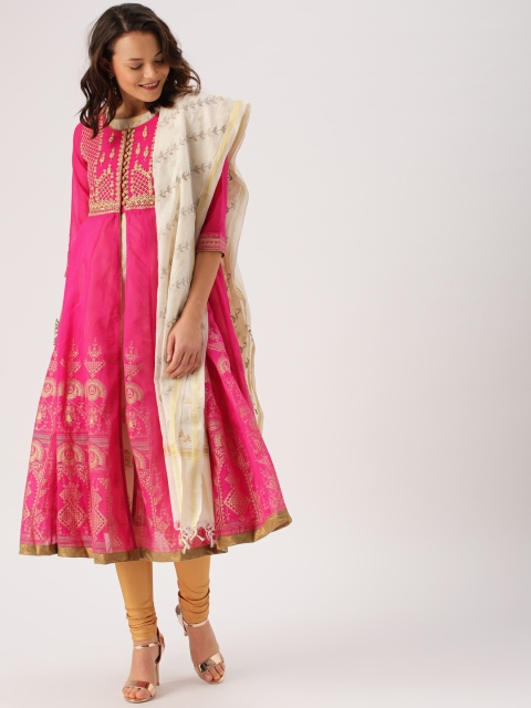 

IMARA Women Pink & Beige Embroidered Kurta with Churidar & Dupatta