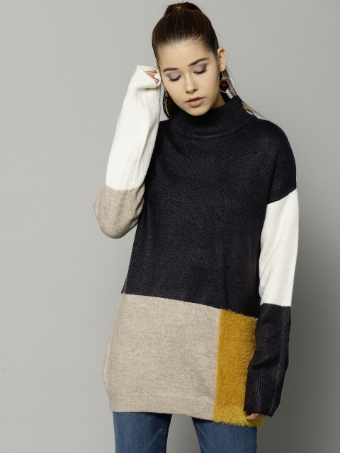 

Marks & Spencer Women Navy Blue & Beige Colourblocked Pullover