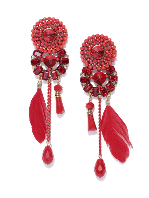 

Jewels Galaxy Red Gold-Plated Handcrafted Feather-Shaped Drop Earrings