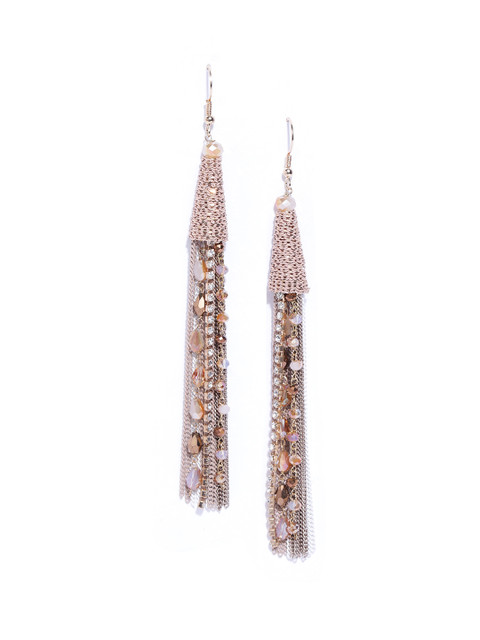 

Jewels Galaxy Beige Gold-Plated Beaded Tasselled Handcrafted Drop Earrings