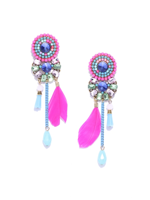 

Jewels Galaxy Blue & Pink Gold-Plated Beaded & Stone-Studded Handcrafted Drop Earrings