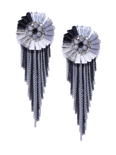 

Jewels Galaxy Grey & Black Gold-Plated Tasselled Handcrafted Contemporary Drop Earrings