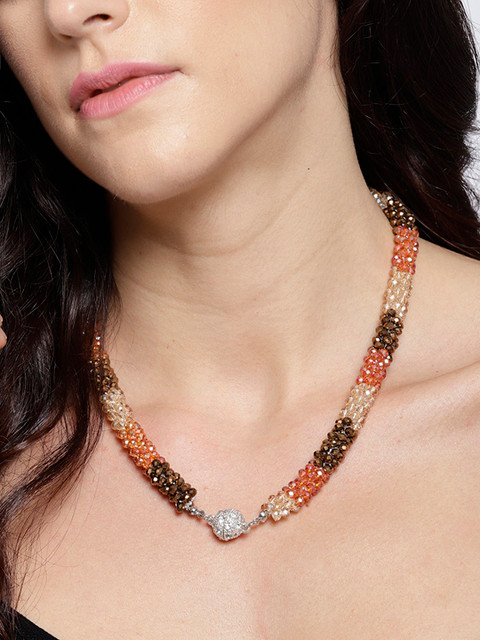 

Jewels Galaxy Peach-Coloured & Brown Silver-Plated Beaded Handcrafted Necklace