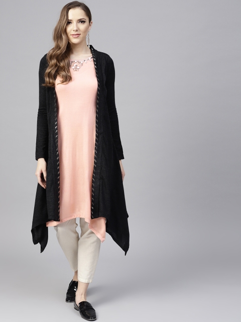 

W Women Charcoal Grey & Pink Solid Layered A-Line Winter Kurta