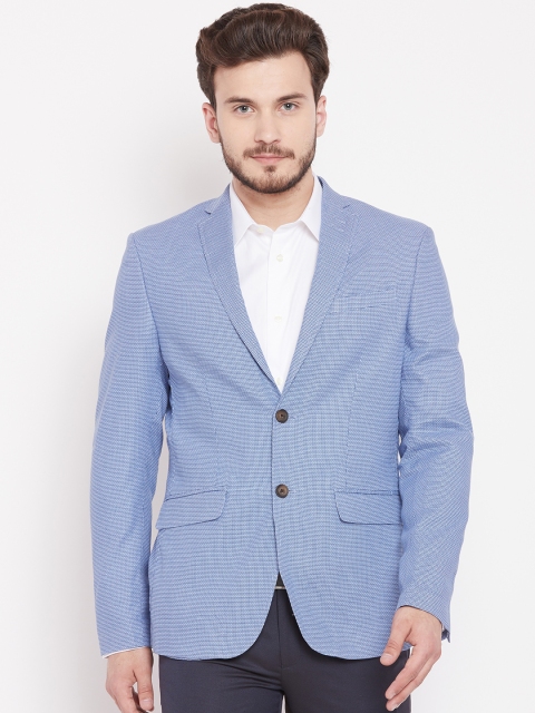 

Blackberrys Men Blue Self Design Slim Fit Single-Breasted Formal Pure Cotton Blazer
