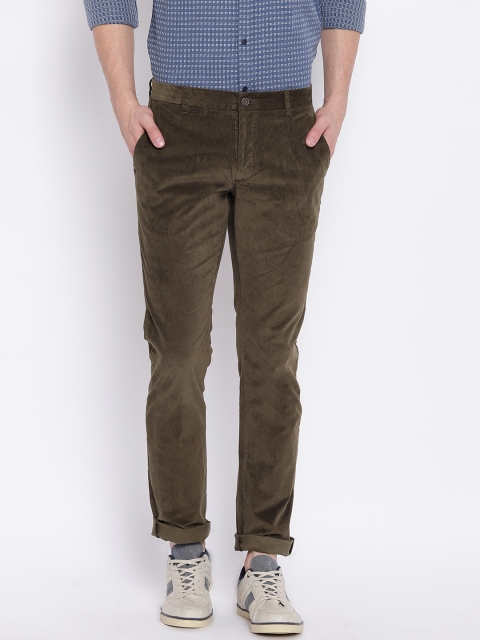 

Blackberrys Men Olive Green Regular Fit Solid Corduroy Trousers