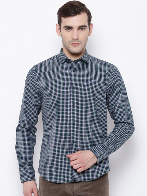 

Blackberrys Men Green & Navy Blue Slim Fit Checked Casual Shirt